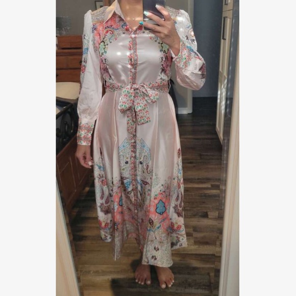 Luxe Satin Floral Print Button Down Belted Long Sleeve Dress - Picture 1 of 9